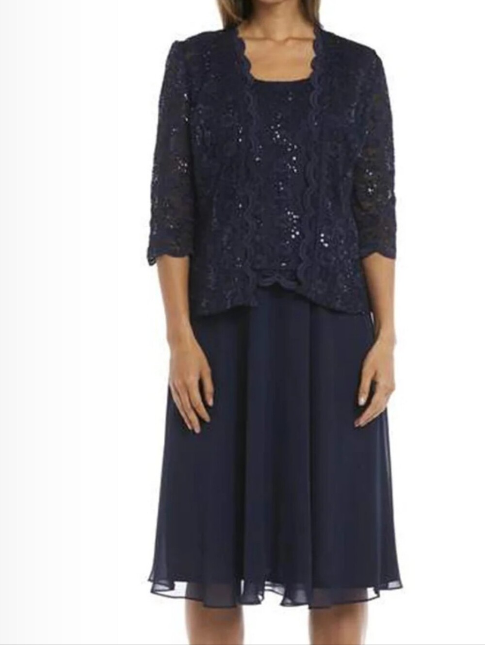 R&M Richards Mother Of The Bride Navy Sequined Dress Lace Jacket 14